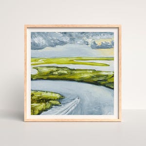 Original Fine Art Print Marshscape, Abstract Impressionist Landscape, Seascape, 12x12 inch, Giclée Print, Mini Coastal Art, Boat