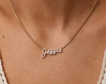 Pavé Name Necklace with Curb Chain by GracePersonalized - Custom Cursive Pavé Letter Necklace - Personalized Name Pendant *NAIA NECKLACE*