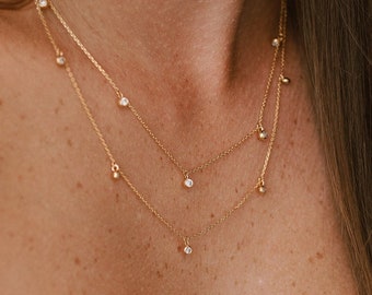 Five Diamond Necklace in White Sapphires - Minimalist Gold Chain Jewelry - Dainty Gold Layering Necklaces