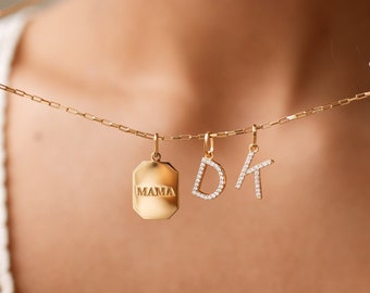 Engraved Mama Tag + Pavé Initials Necklace by GracePersonalized - Dog Tag Pendant with Custom Pavé Letters *ELENA IVY NECKLACE*