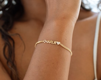 Custom Name Bracelet with Curb Chain by GracePersonalized - Initials & Name Bracelet with Heart or Star - Mother&#39;s Day Gift *D0003-E01*