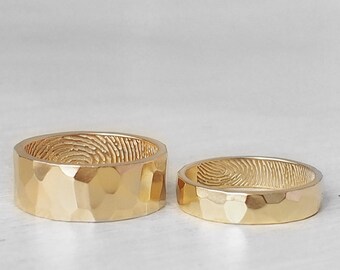 Set of 2 Hammered Fingerprint Bands - His and Hers Actual Fingerprint Rings - Promise Rings - Couple Rings - #FR02H.FM