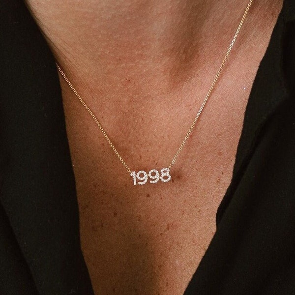 Year Necklace - Custom Birth Date Necklace - Pavé Custom Name Necklace - Gold Cubic Zirconia Minimalist Necklace *NINA NECKLACE*