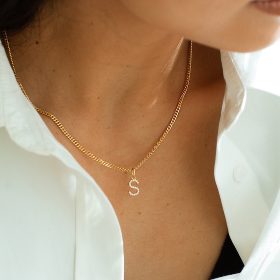 Pavé Letter Charm Necklace With Curb Chain by Gracepersonalized