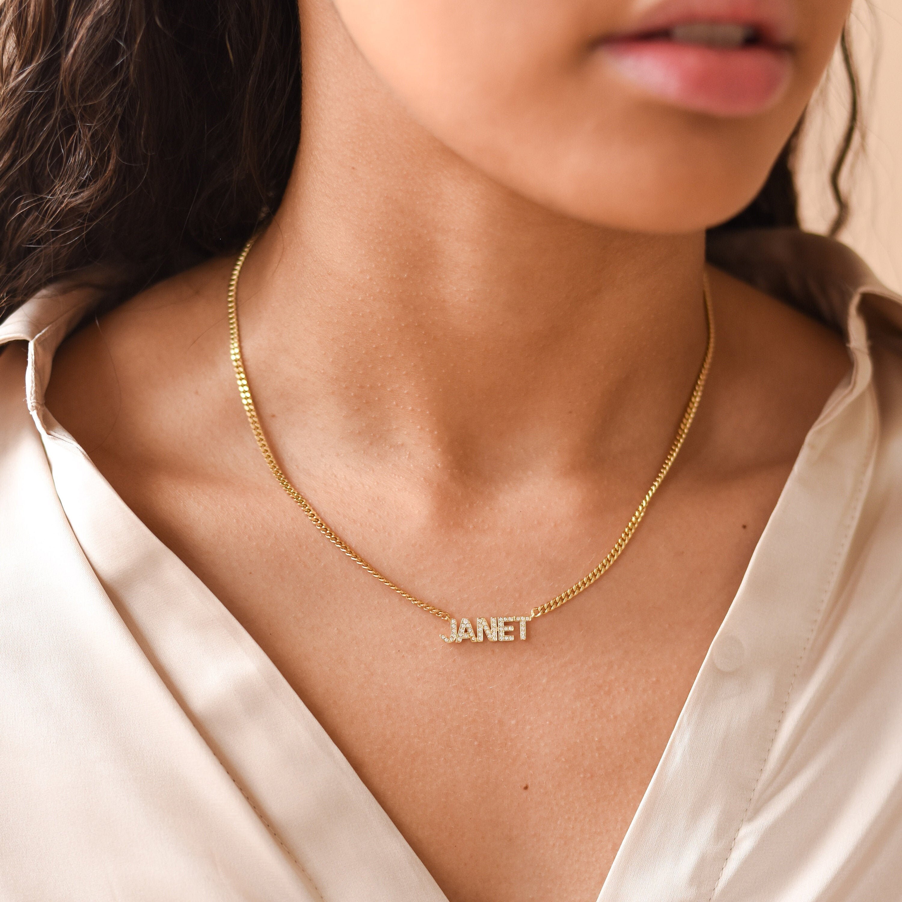 Pavé Name Necklace With Bold Curb Chain 