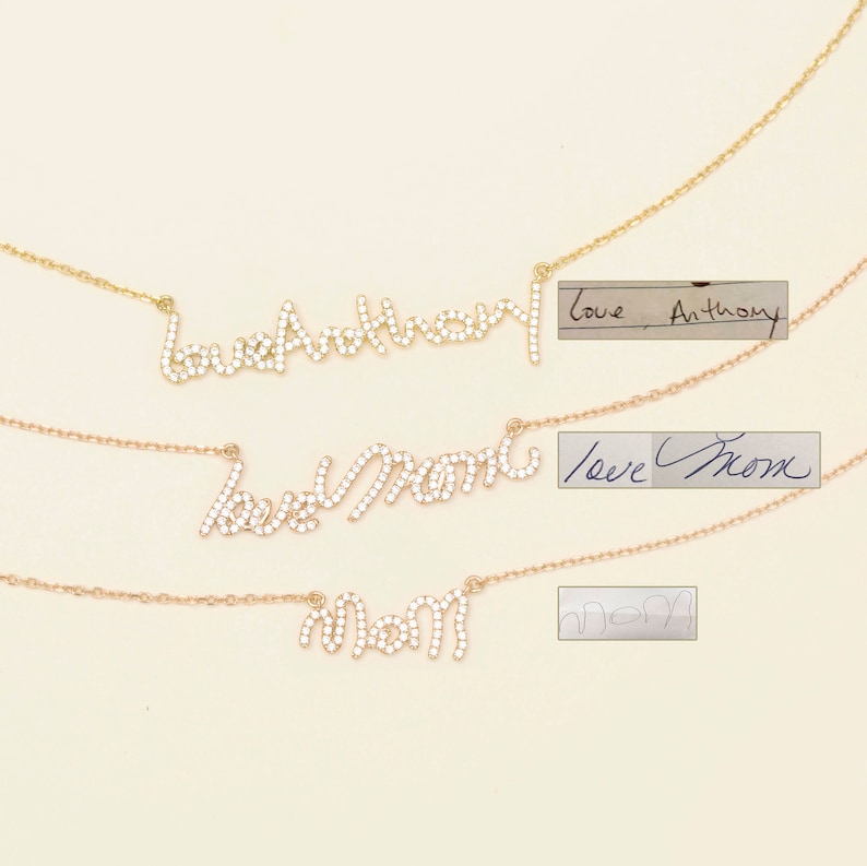 Pave Stone Signature Actual Handwriting Keepsake Memorial Jewelry #PN02D02 Custom Pave Stone Handwriting Necklace