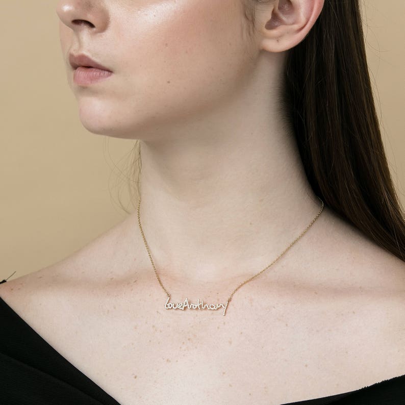 Pave Stone Signature Actual Handwriting Keepsake Memorial Jewelry #PN02D02 Custom Pave Stone Handwriting Necklace