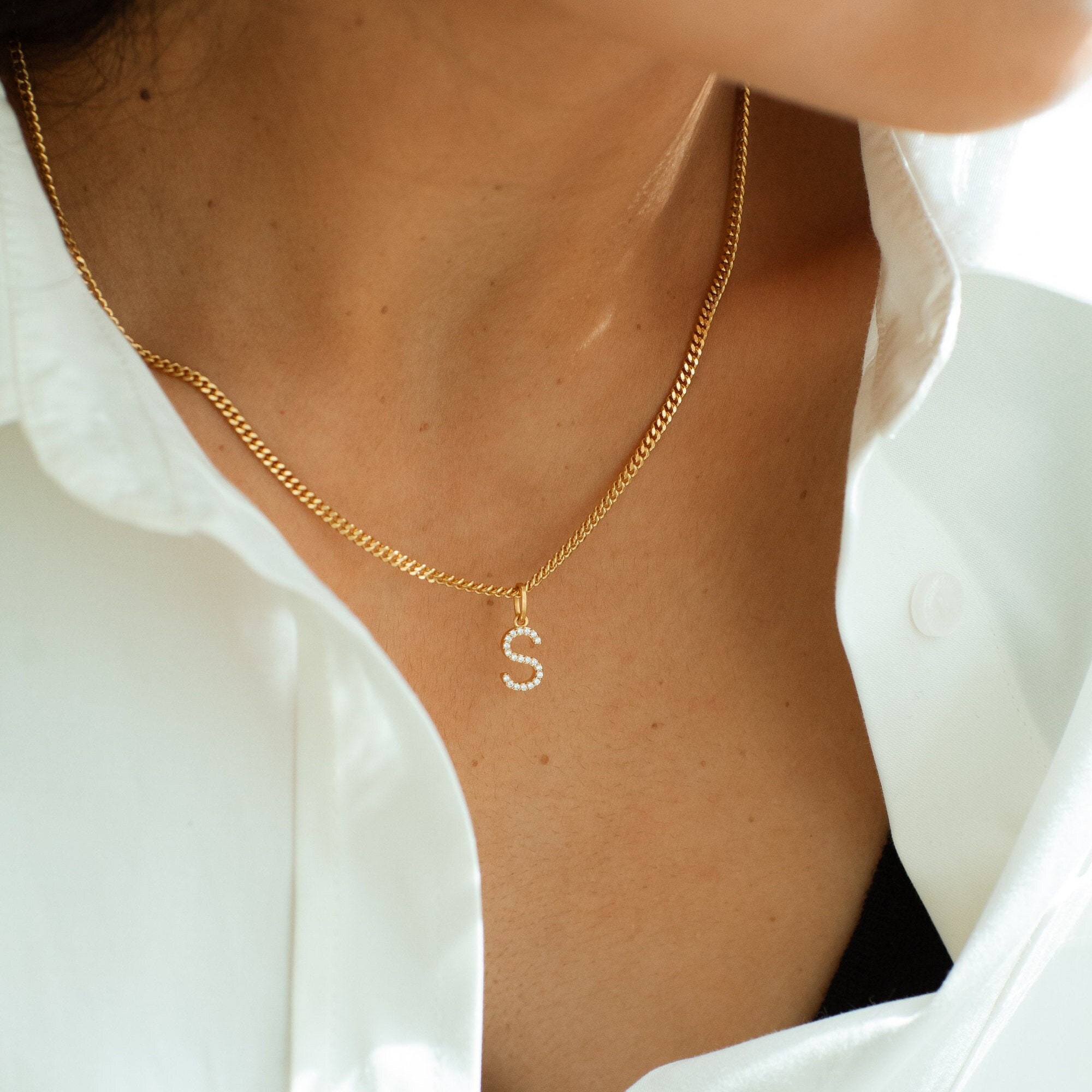Pavé Initial Necklace White Sapphire Letter Necklace Gold - Etsy