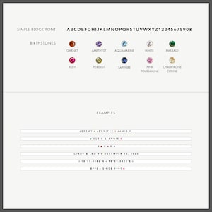 May include: A customization guide featuring a simple block font alphabet and numbers, followed by ten labeled birthstones including garnet, amethyst, aquamarine, white, emerald, ruby, peridot, sapphire, pink tourmaline, and champagne citrine.