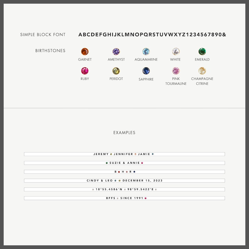 May include: A customization guide featuring a simple block font alphabet and numbers, followed by ten labeled birthstones including garnet, amethyst, aquamarine, white, emerald, ruby, peridot, sapphire, pink tourmaline, and champagne citrine.