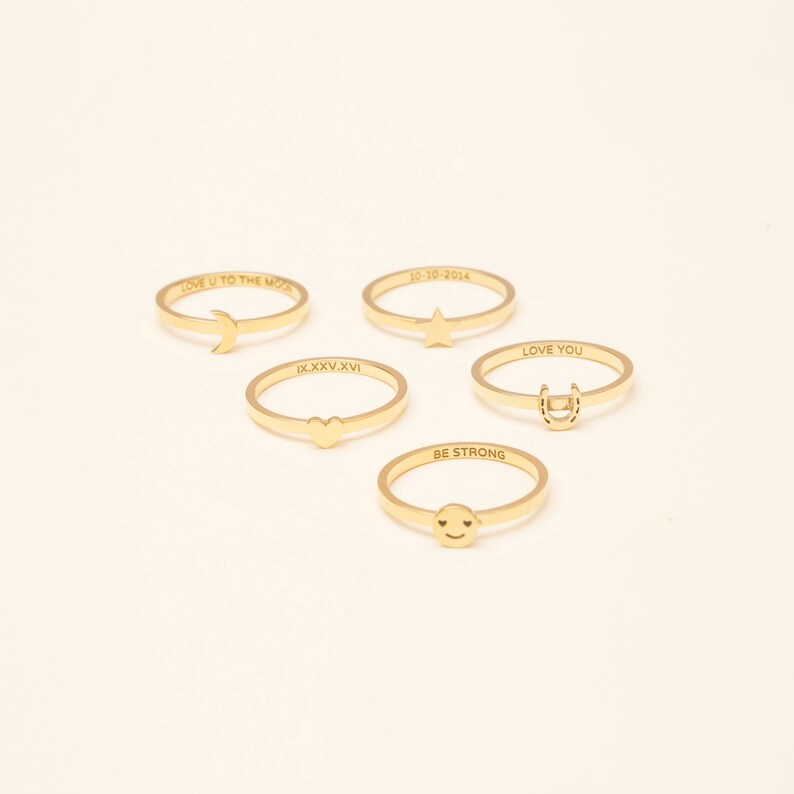 #PR20HG Smiley Ring Horseshoe Ring Moon Star Heart Ring with Custom Message Band Ring with Custom Secret Message