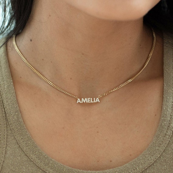 Dainty Pavé Name Necklace With Curb Chain Custom Diamond - Etsy