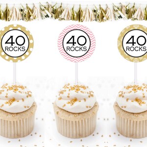 40th Birthday Cupcake toppers, Printable 40 Rocks Cupcake Toppers, Pink and Gold Gift tags by SUNSHINETULIPDESIGN image 1