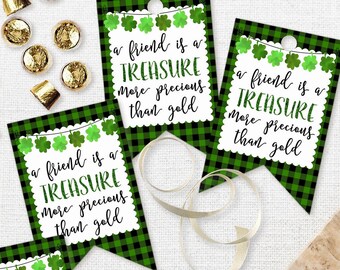 Printable St Patrick's Day Gift Tags, A Friend is a Treasure Gift Tags, Green and Black Buffalo Plaid Gift Tags by SUNSHINETULIPDESIGN