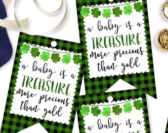 Printable St Patrick's Day Gift Tags, A Baby is a Treasure Gift Tag, Green Buffalo Plaid Baby Shower Tags by SUNSHINETULIPDESIGN