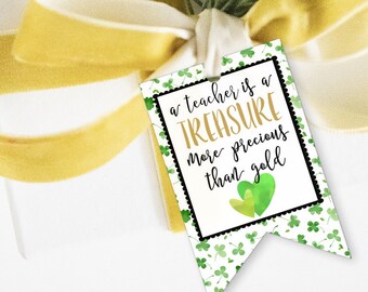 Printable St Patrick's Day Gift Tags, A Teacher is a Treasure Gift Tag, Green Buffalo Plaid Teacher Appreciation Tags by SUNSHINETULIPDESIGN