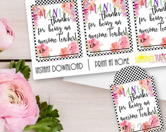 Printable Teacher Appreciation Gift Tags, Thank you for helping me Grow  Gift Tags, Pink and Orange Stripe Gift Tags by SUNSHINETULIPDESIGN