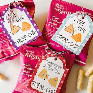 May include: Three bags of white cheddar baked corn puffs with attached gift tags. The tags read "I like our Friend-Chip" and "It may sound cheesy but I treasure our Friend-Chip". The tags feature cartoon cheese wedges.