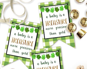 Printable St Patrick's Day Gift Tags, A Baby is a Treasure Gift Tag, Green Buffalo Plaid Baby Shower Tags by SUNSHINETULIPDESIGN