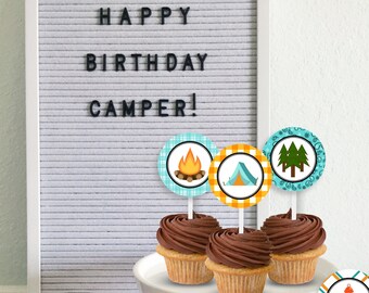 Printable Campout Birthday Cupcake Toppers, Camping Gift Tags, Happy Camper Birthday Party Cupcake Toppers and Tags by SUNSHINETULIPDESIGN