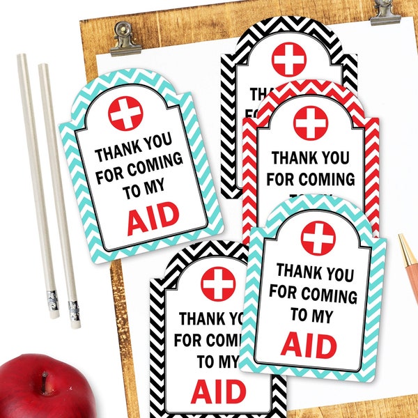 Printable Teacher Appreciation Tags, FIRST AID Kit Tags, Teacher Thank you for Coming to my Aid by SUNSHINETULIPDESIGN