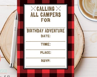 Printable Camping Invitation, Buffalo Plaid Camping Invitation, Fill in the Blank Camping Invitation, Blank Invite, INSTANT DOWNLOAD