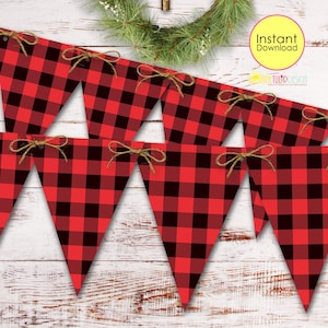 Printable Buffalo Plaid Banner, Red and Black Buffalo Pennant Banner, Burlap Banner, Rustic Camping Birthday,  Christmas Pennant Garland