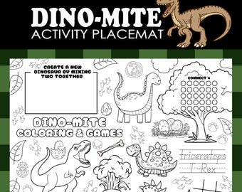 Printable Activity Placemat | Dinosaur Coloring Placemat | Dinner Table Dinosaurs Placemat for kids | Mazes & Games for Restaurants Parties