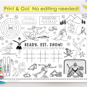 May include: A black and white printable activity sheet featuring winter sports illustrations, a maze, tic-tac-toe grids, and the text "READY. SET. SNOW! WINTER SPORTS, LET'S GO!" along with a hockey joke and various winter-themed line art graphics.