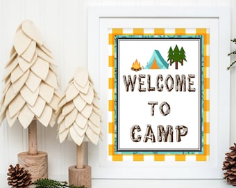 Utskrivbar Campout-födelsedagsskylt, utskrivbar Välkommen till lägret-väggdekoration, campingfest-väggdekoration, campingfödelsedagsbordsskylt, direktnedladdning
