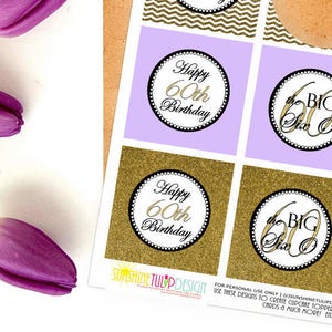 Printable 60 and Fabulous Birthday Cupcake Toppers, 60th Birthday Gift Tags, 60th Birthday Gold and Lavender 60th Birthday, INSTANT DOWNLOAD