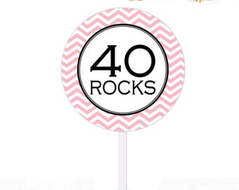Printable 40 Rocks Cupcake Toppers, 40th Birthday Cupcake topper, Pink and Gold Gift tag, INSTANT DOWNLOAD, 40th Birthday Party Favor Tag