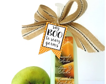 Printable Teacher Appreciation HALLOWEEN tags,  Say BOO to Scary Germs Tags, Halloween Party Favor Gift Tags by SUNSHINETULIPDESIGN