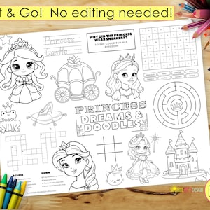 Druckbares Tischset | Prinzessinnen Malvorlage | Princess Mini Tischset | Abendessen am Tisch Aktivitäts-Tischset für Kinder | Märchenhaft