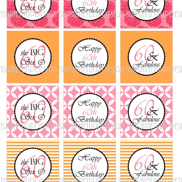 60th Birthday Printable DIY Party Tags and Cupcake Toppers by SunshineTulipdesign
