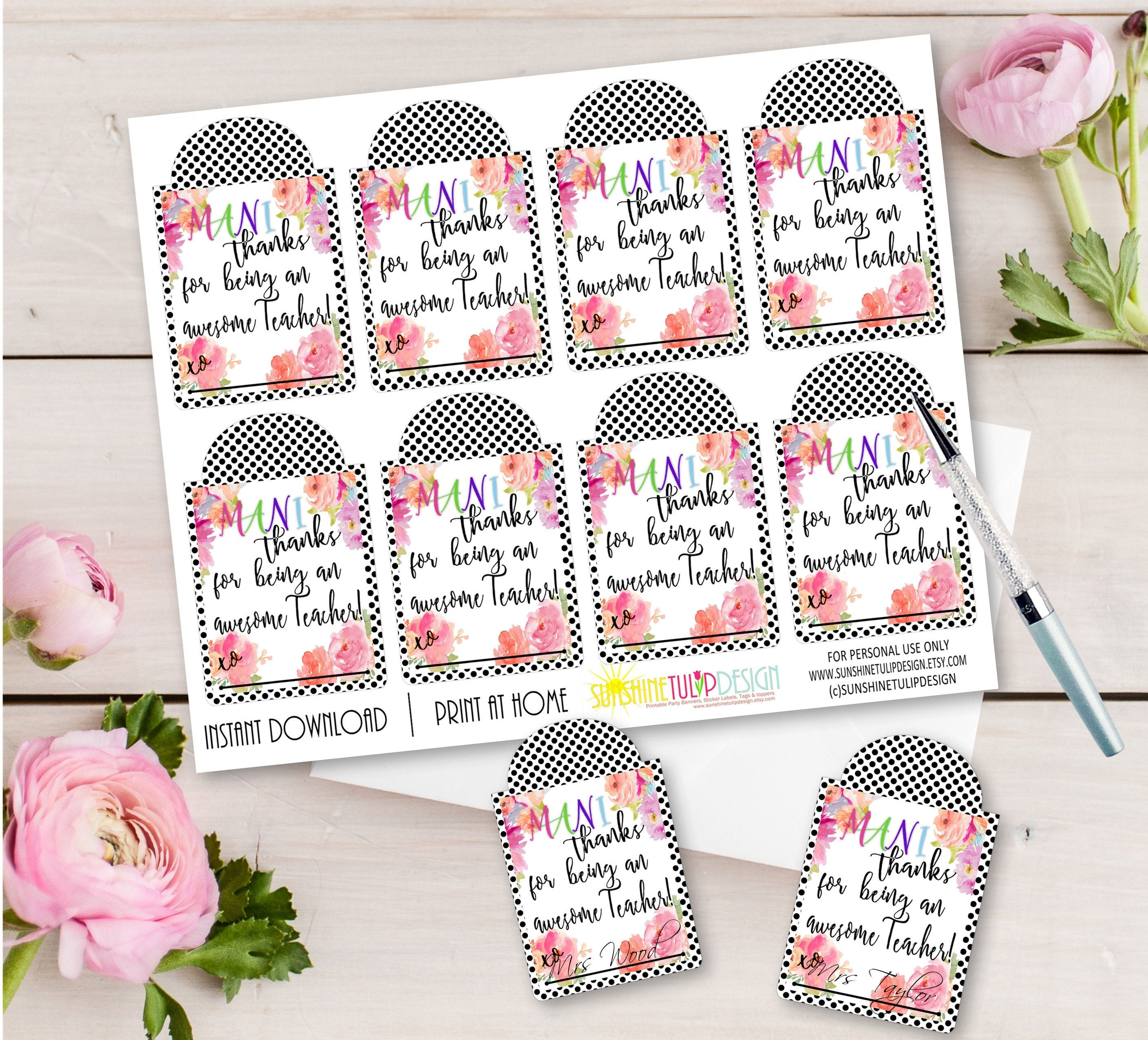 Printable Teacher Appreciation Gift Tags, Thank you for helping me Grow  Gift Tags, Pink and Orange Stripe Gift Tags by SUNSHINETULIPDESIGN