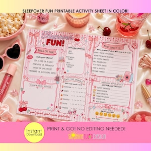 Könnte beinhalten: Ein rosa druckbares Sleepover-Aktivitätsblatt mit dem Text "Sleepover Fun!" und verschiedenen Ausfüllbereichen. Enthält Aufforderungen für Meinungen, Superlative und Snack-Bewertungen. Das Blatt ist mit Schleifen und Kirschen verziert.