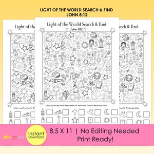 Op de afbeelding: Een zwart-wit printbaar activiteitenblad getiteld Light of the World Search & Find John 8:12. De pagina bevat diverse lijntekeningen, waaronder kruisen, vuurtorens, kaarsen, sterren en bijbels, met een sectie onderaan om de items te tellen.