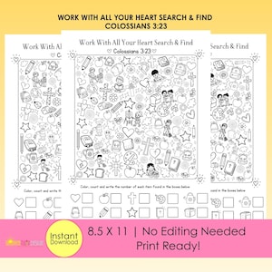 May include: A black and white printable activity sheet titled Work With All Your Heart Search & Find Colossians 3:23. The page features various line art illustrations like crosses, apples, pencils, and books, with boxes at the bottom for counting.