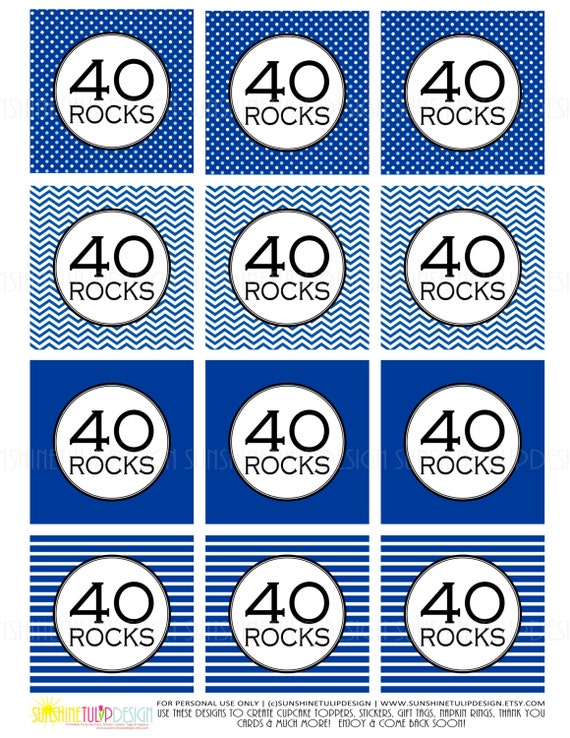 40th Birthday Damask Black and Aqua Printable Cupcake Toppers Sticker Labels /& Party Favor Gift Tags by SUNSHINETULIPDESIGN