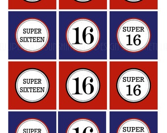 Printable Super 16 Birthday, Printable Red and Blue Cupcake Toppers, Printable Super Sixteen Gift Tags by SUNSHINETULIPDESIGN