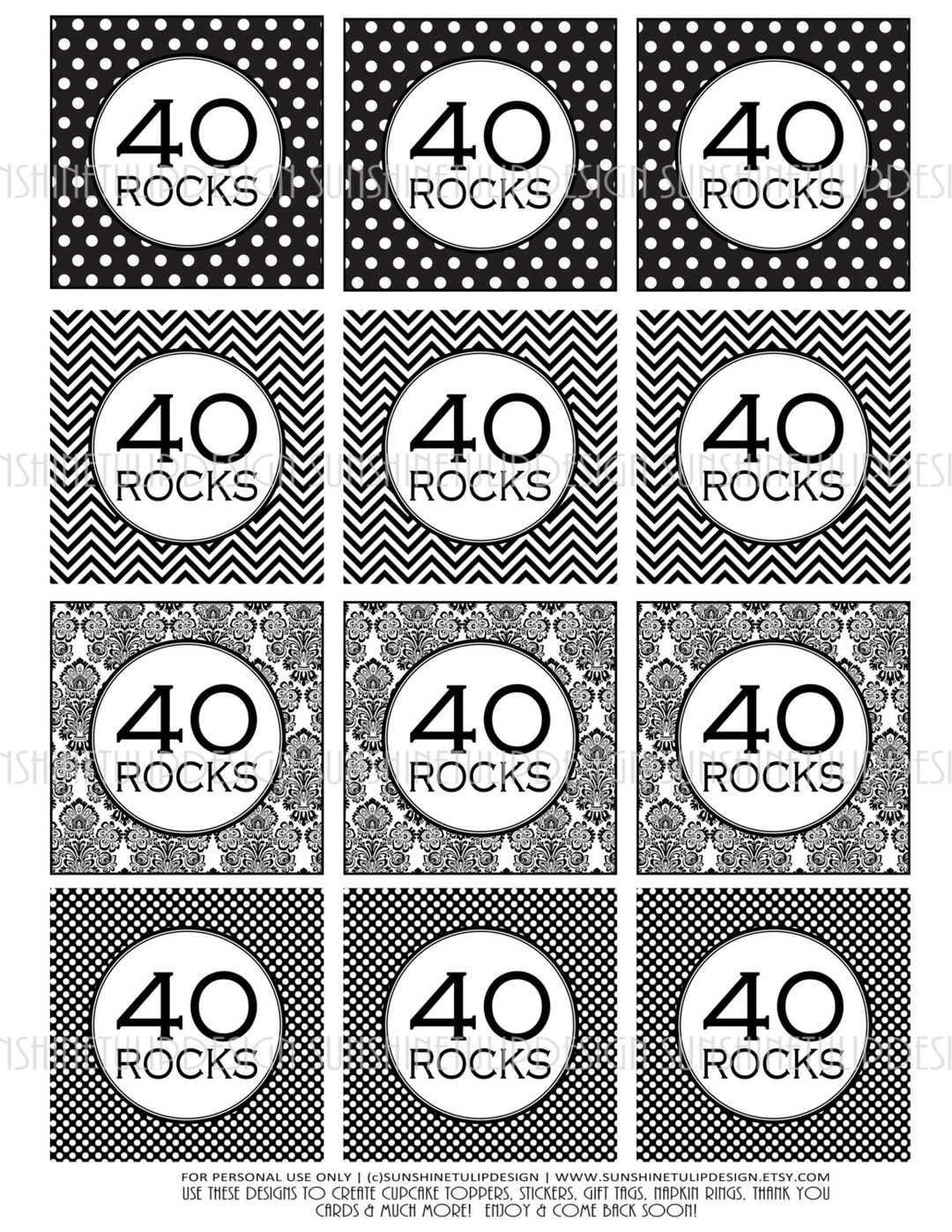 40th Birthday Black and White Printable DIY Cupcake Toppers Sticker ...