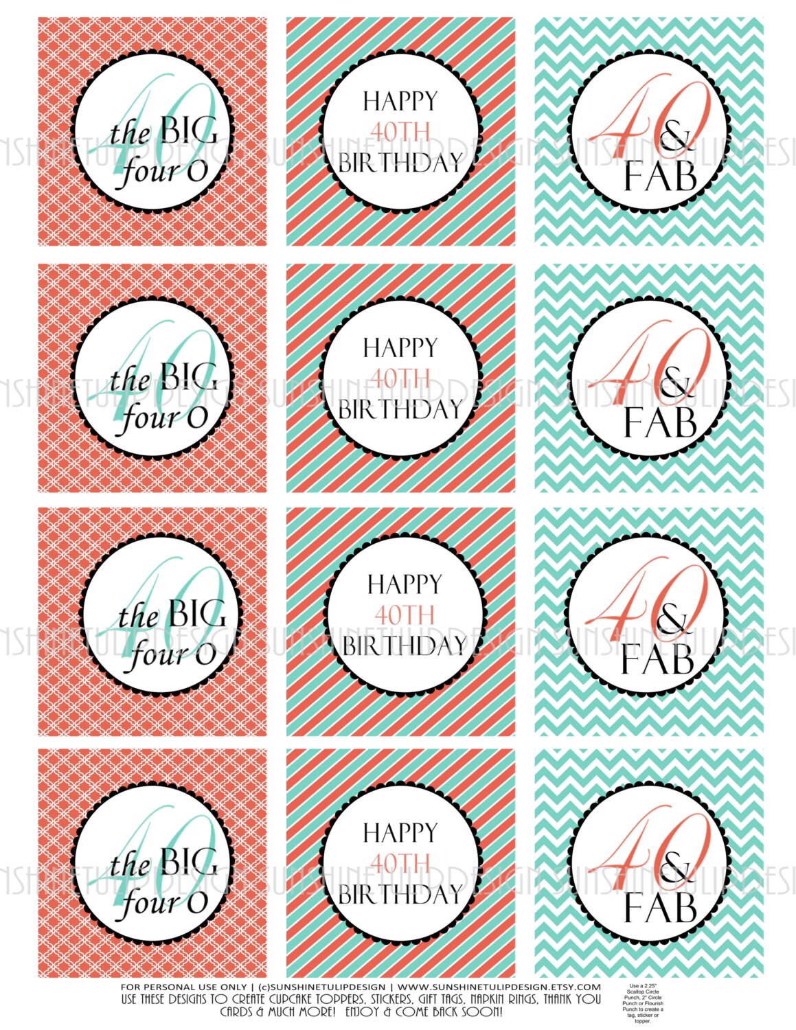 40th Birthday Printable DIY Party Tags and Cupcake Toppers by | Etsy