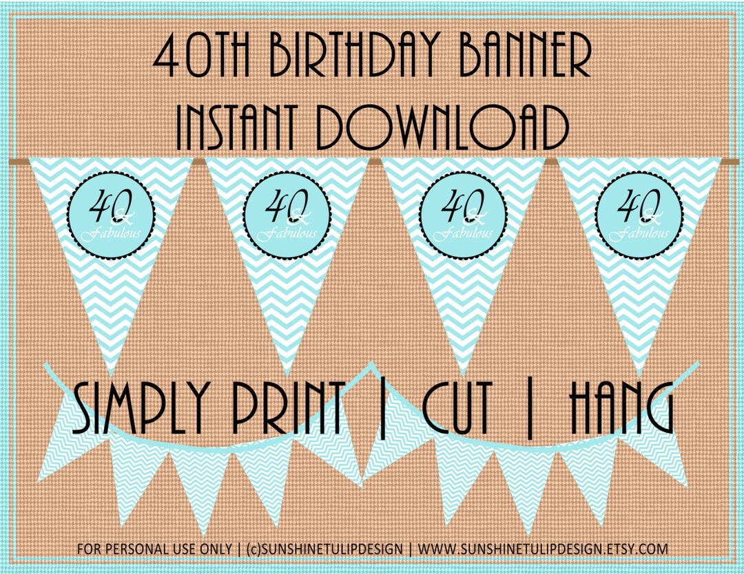 40th Birthday Printable Pendant Banner Aqua Blue and Black and White by ...