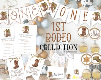 Printable 1st Rodeo Birthday Party Decorations, Printable Little Cowboy Turning One Birthday Party Package by SUNSHINETULIPDESIGN