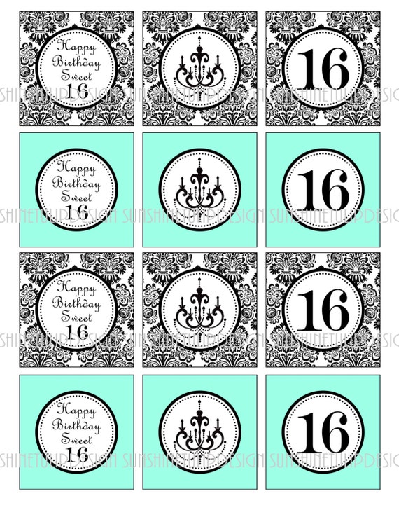 40th Birthday Damask Black and Aqua Printable Cupcake Toppers Sticker Labels /& Party Favor Gift Tags by SUNSHINETULIPDESIGN