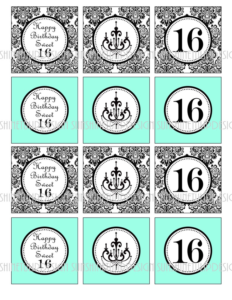 Sweet 16 Damask Aqua Turquoise Chandelier Birthday Printable Cupcake Toppers Sticker Labels And Gift Tags By Sunshinetulipdesign Paper Paper Party Supplies Gkjwonosari Com