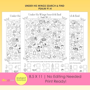 May include: A black and white printable activity sheet titled Under His Wings Search & Find Psalm 91:4. The page features various line art illustrations including crosses, birds, shields, and books, with a section at the bottom to count items.