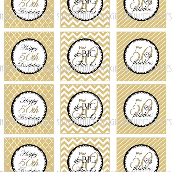 50th Birthday Gold Printable Cupcake Toppers Sticker Labels and Gift Tags by SUNSHINETULIPDESIGN