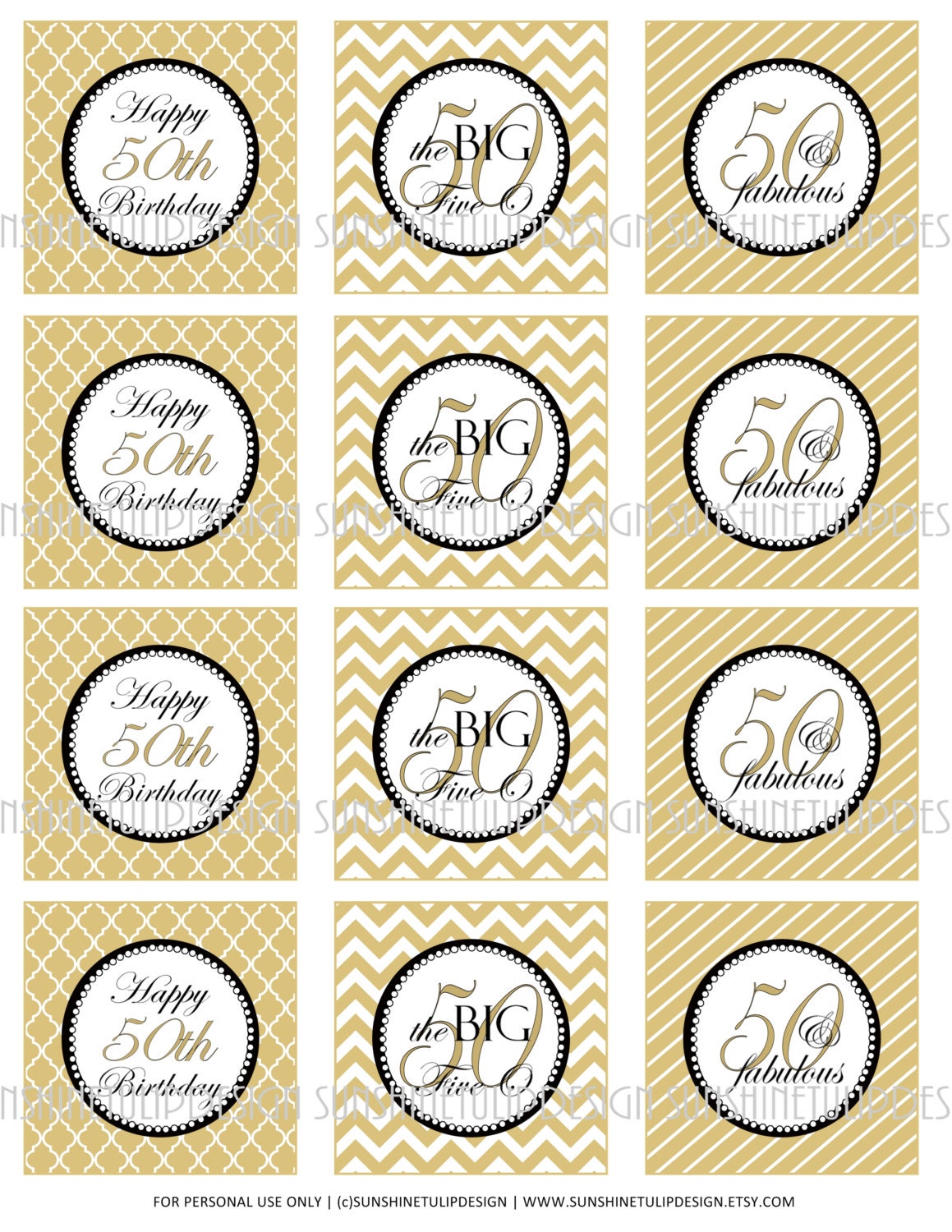 50th Birthday Gold Printable Cupcake Toppers Sticker Labels and Gift Tags by SUNSHINETULIPDESIGN - Etsy